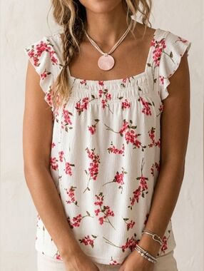 MELLODAY White Floral Flutter Sleeve Smocked Square Neck Peasant Blouse Med